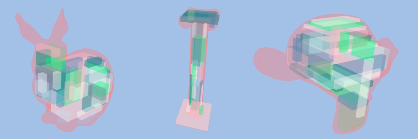 results of generating occlusion boxes for various 3d models